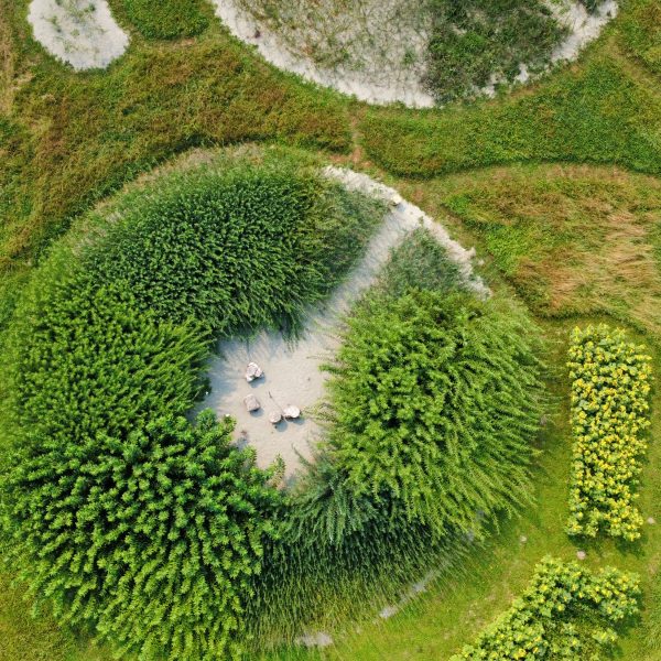 Aerial view of a circular green bush area with a seating arrangement in the center, surrounded by grass, pathways, and patches of sand.